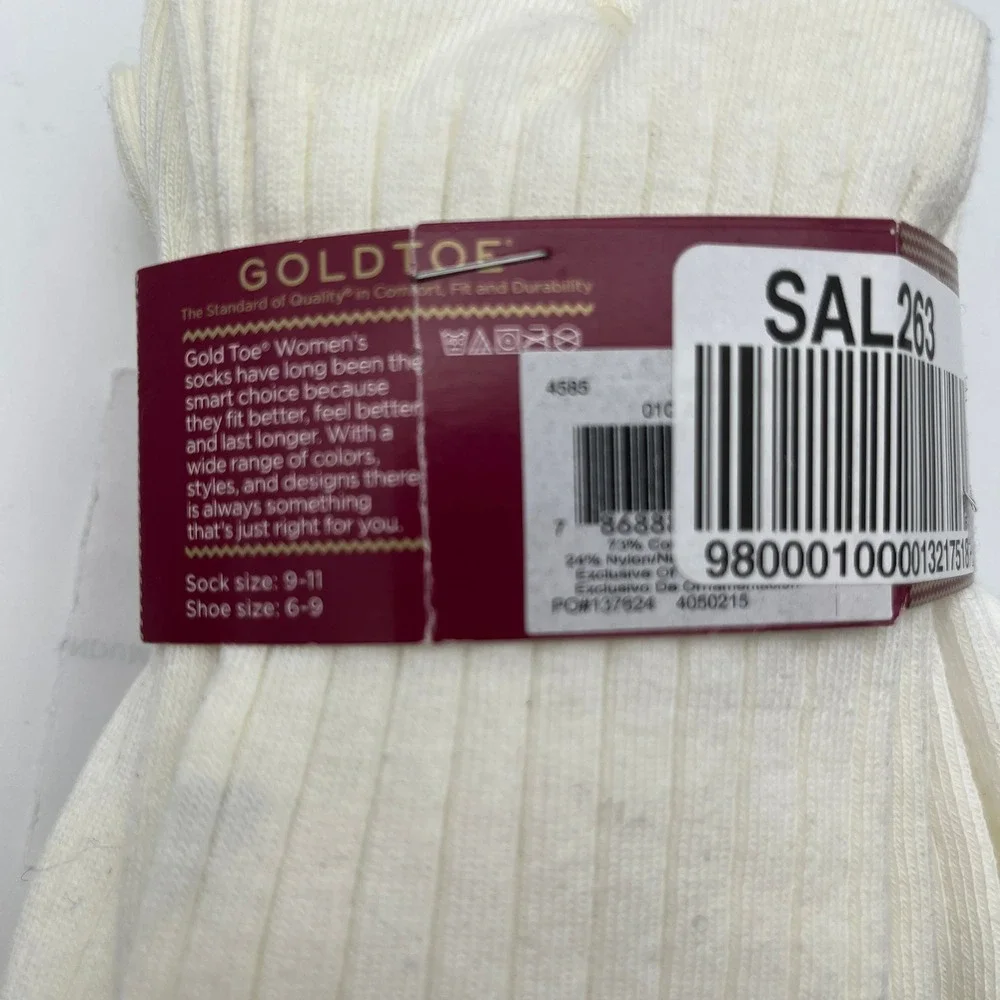 Gold Toe Socks‎ Womens 9-11 White Ribbed Crew 5 Pair Cotton Blend 4585 Casual
